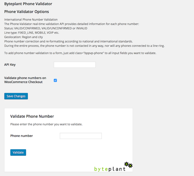 Byteplant Phone Validator