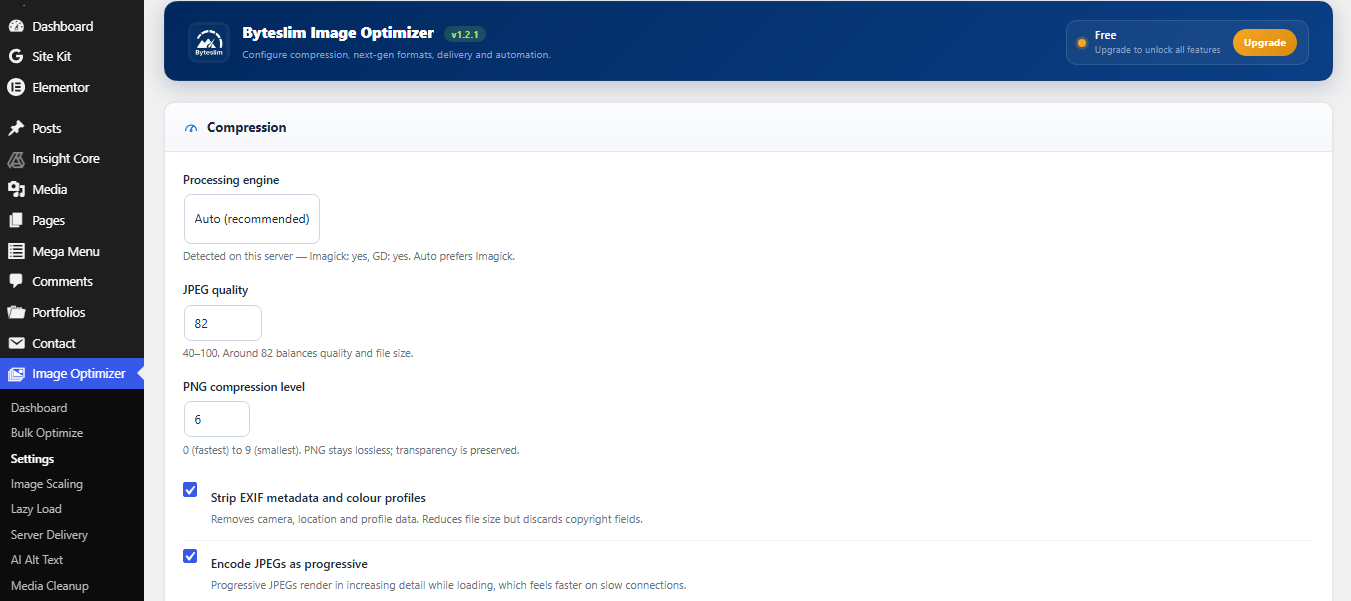 Bulk Optimize — process your entire Media Library with a live progress bar that resumes if you close the tab.