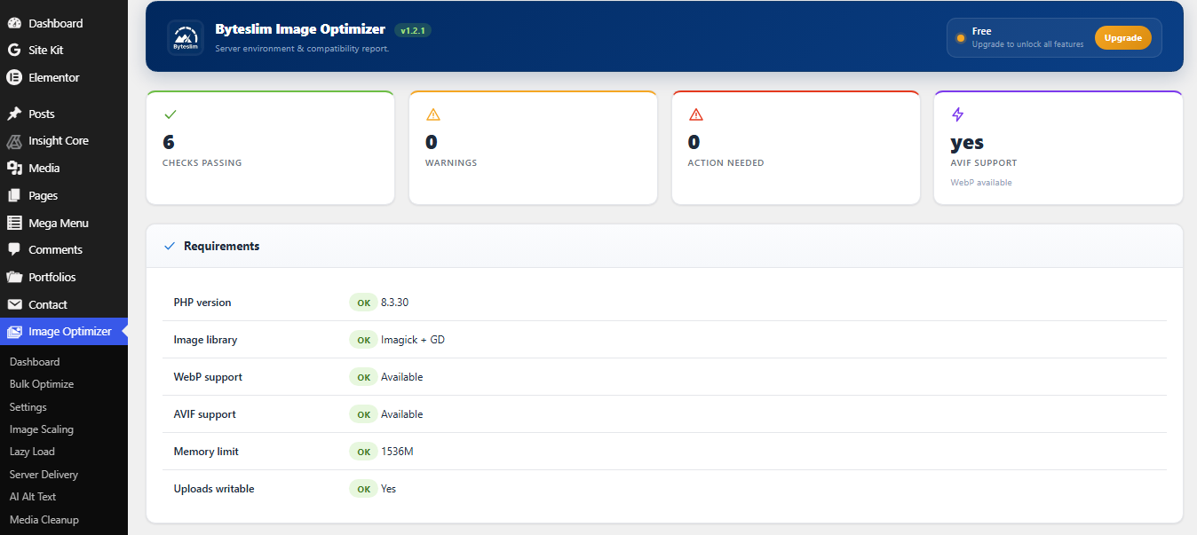 Media Library — per-image "Optimize" action, an Optimization status column and multi-select bulk actions.