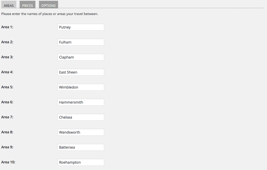 Admin screen: AREAS tab where areas/places are entered (1-cab-grid-places)