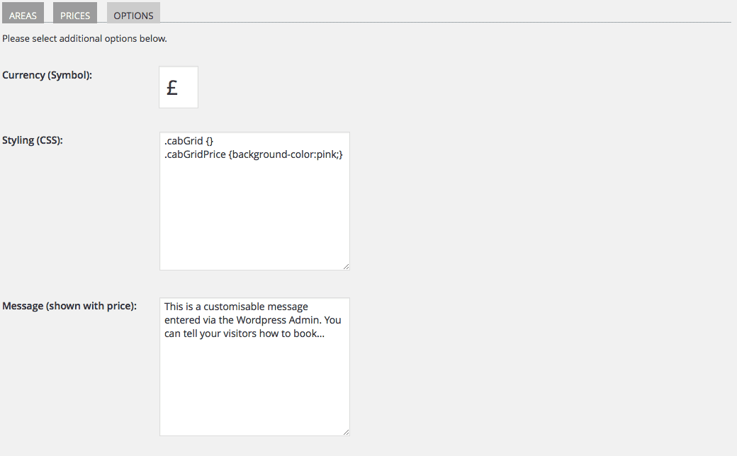 Admin screen: OPTIONS tab - configure currency, CSS &amp; custom message (3-cab-grid-options)