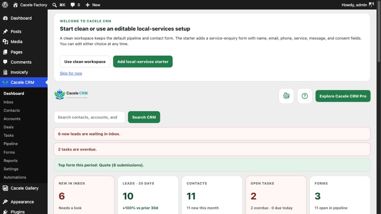 The Cacele CRM dashboard brings leads, contacts, tasks, forms, pipeline health, and activity into one action-focused view.