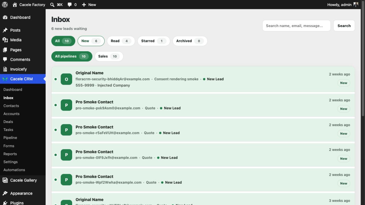 The lead inbox keeps new and reviewed form submissions organized for follow-up.