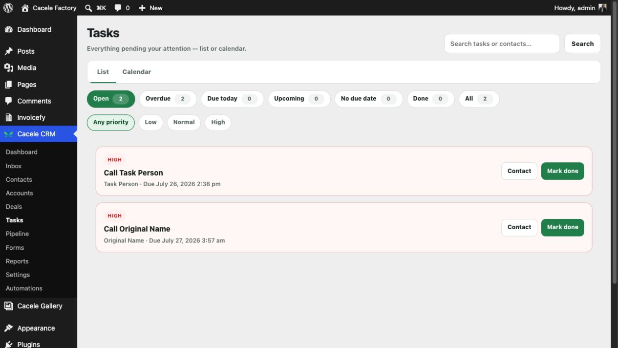 The tasks workspace makes owners, priorities, due dates, and completion status easy to scan.