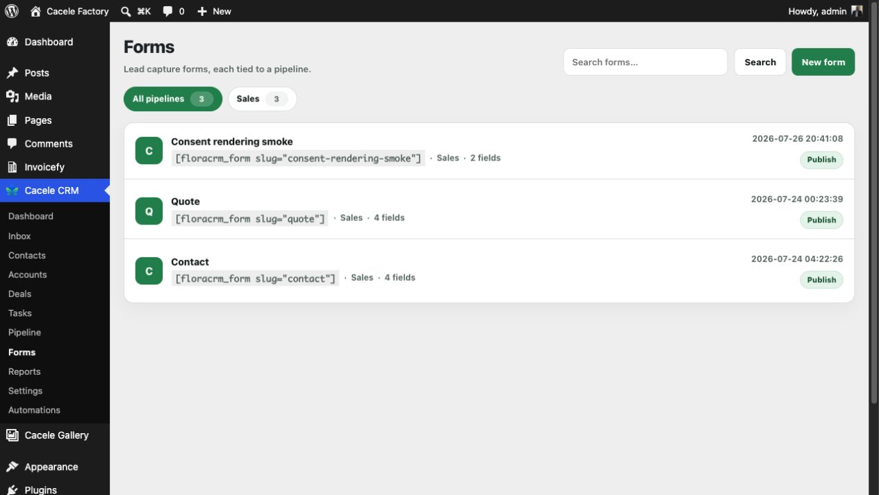 The form builder publishes WordPress-native lead capture directly into Cacele CRM.