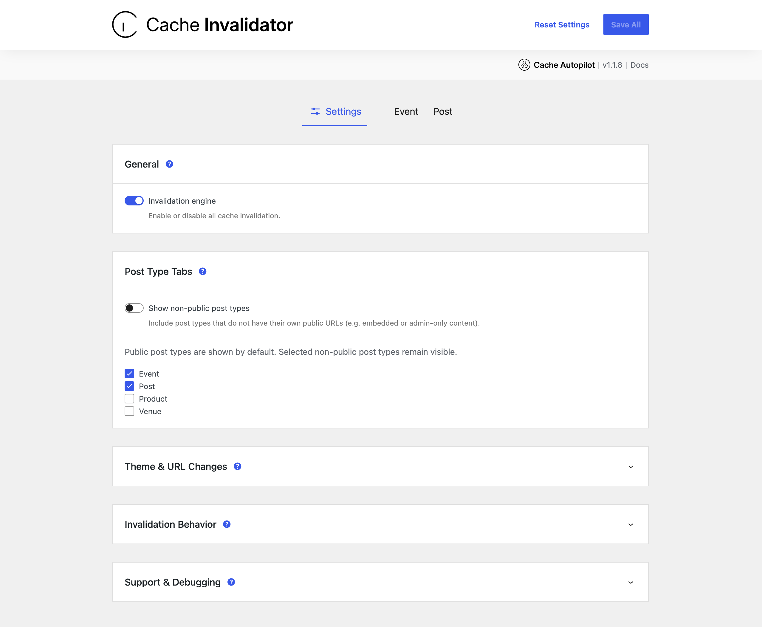Toggling Post Type Tabs in Cache Invalidator settings
