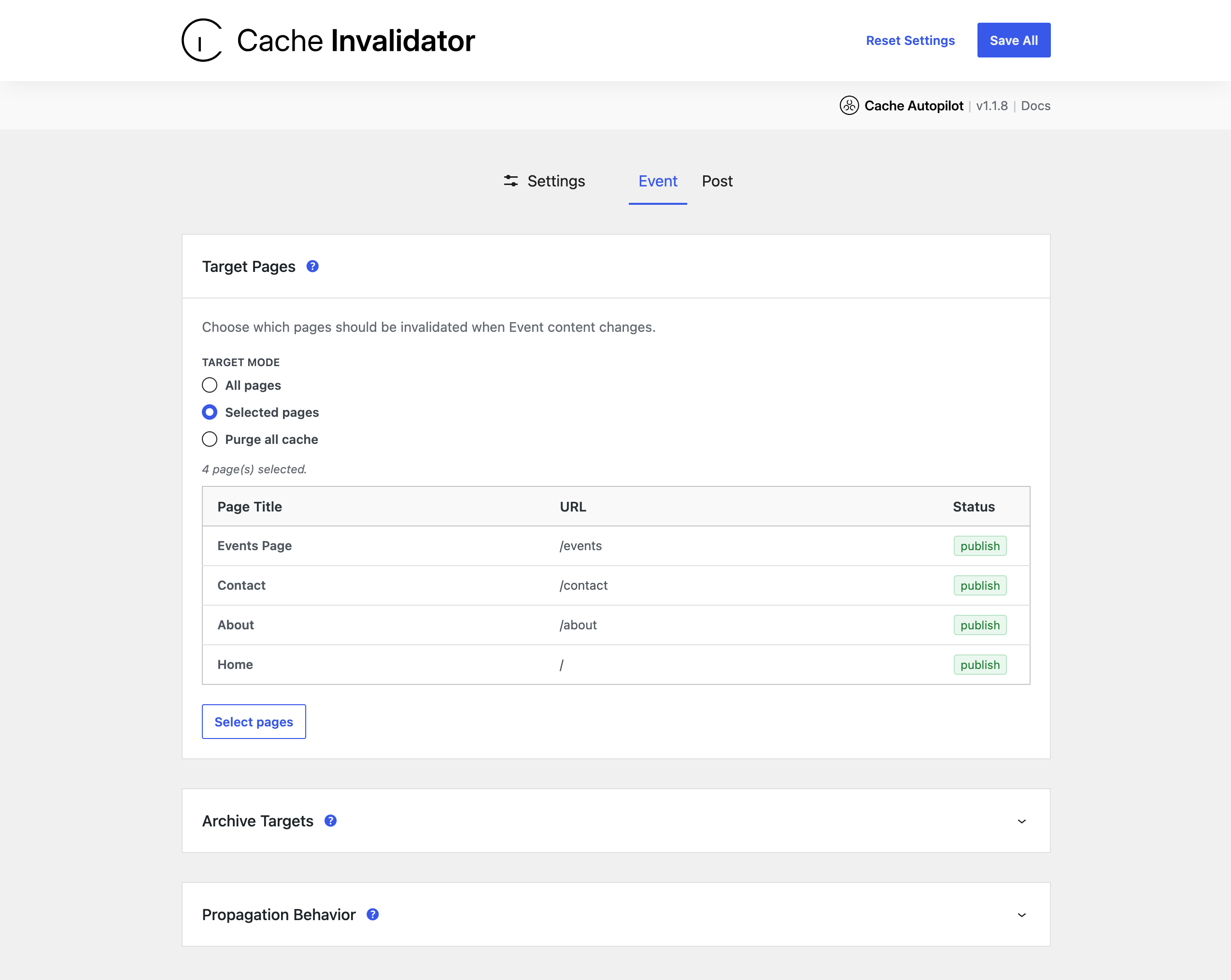 Defining target pages in enabled Post Type Tab.