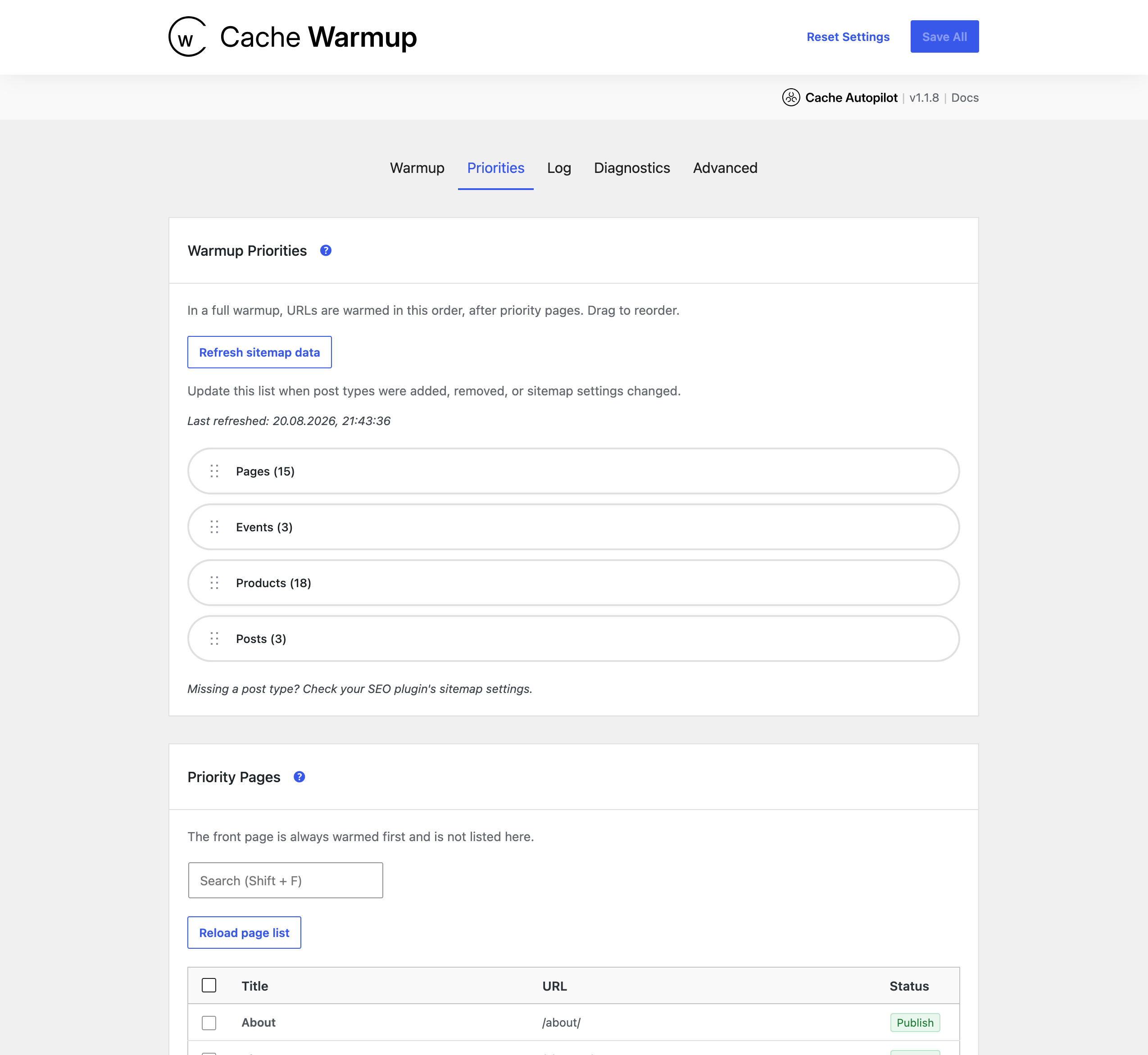 Defining cache preload priorities