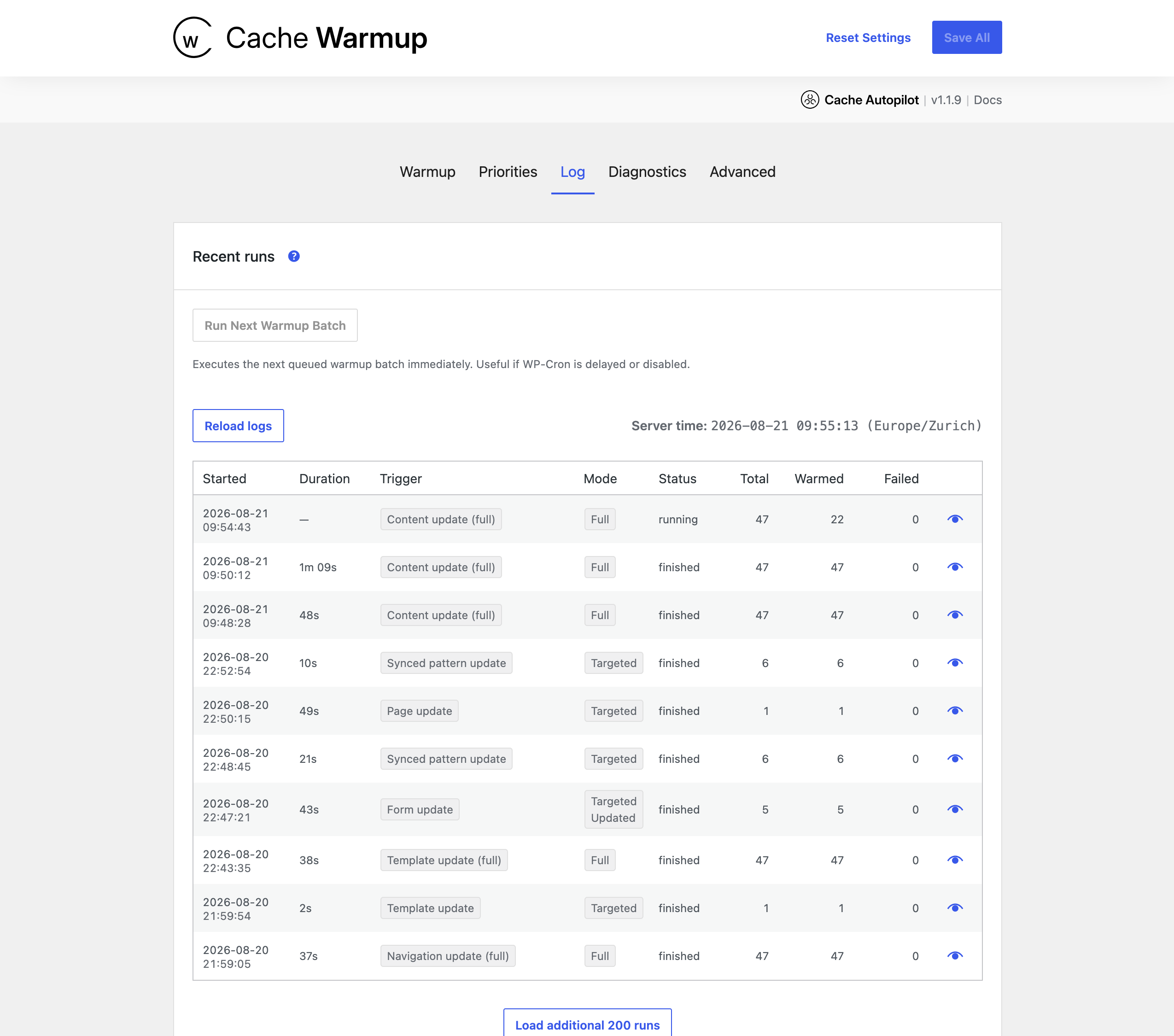 The Cache Warmup log