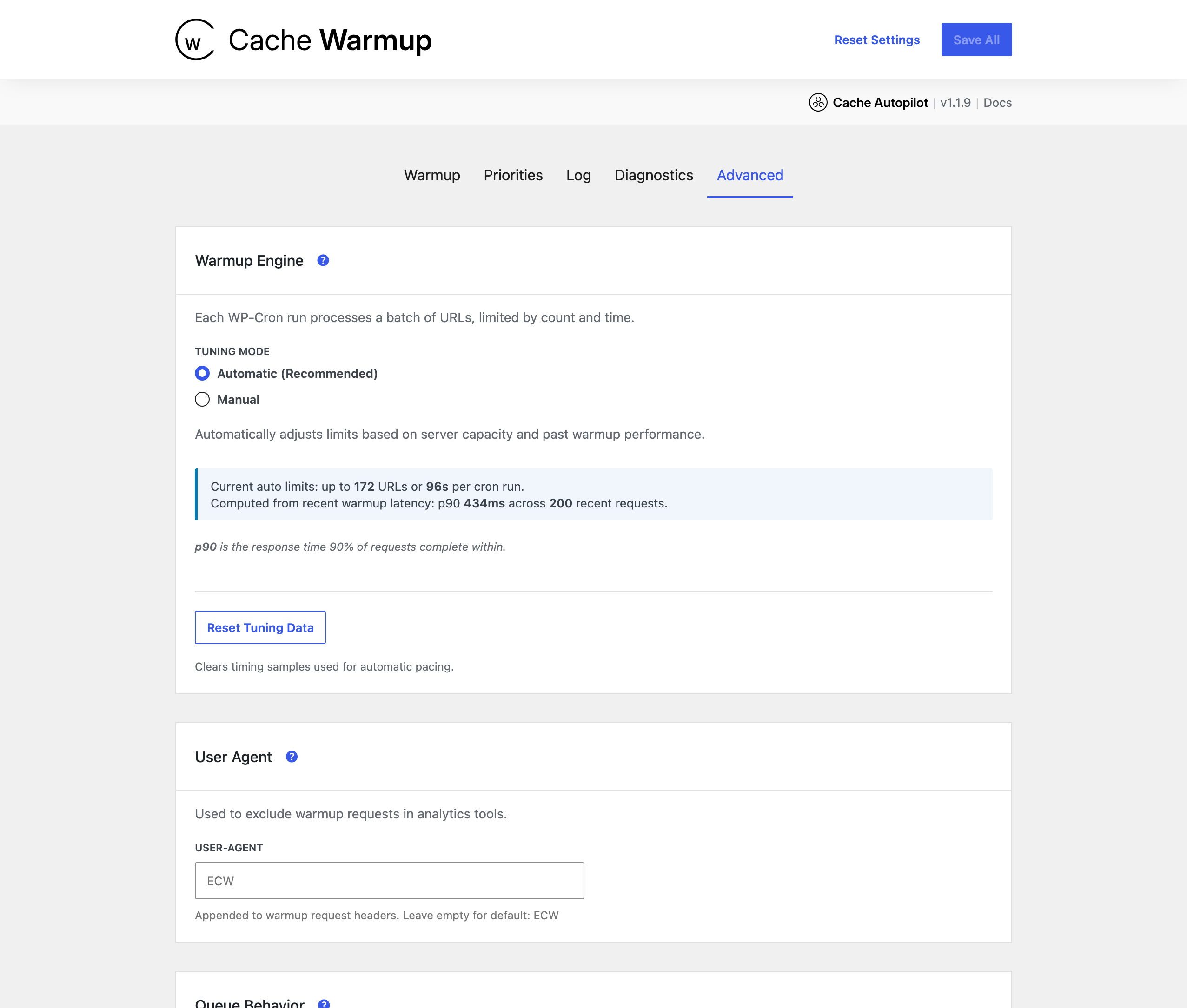 Automatic adjustment of preload limits based on server capacity and past warmup performance.