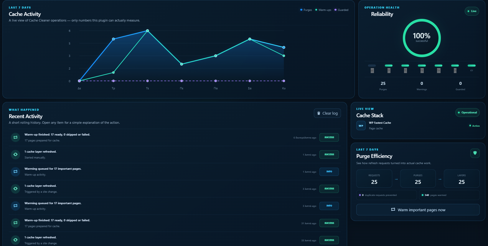 Cache Activity, Smart Purge and the detected cache stack.