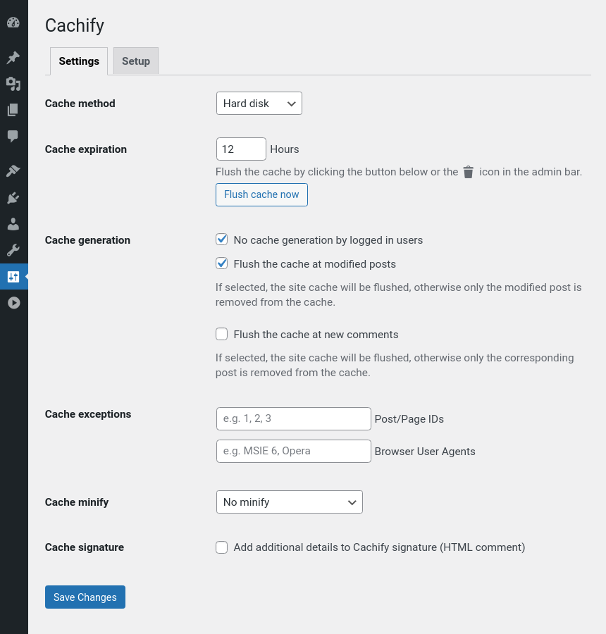 Cachify settings