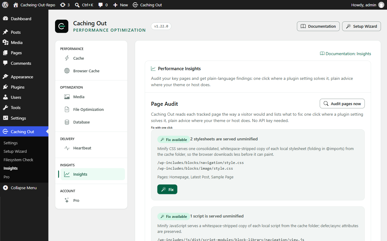 Insights with the Page Audit, which reads your pages and names what to fix without an API key.