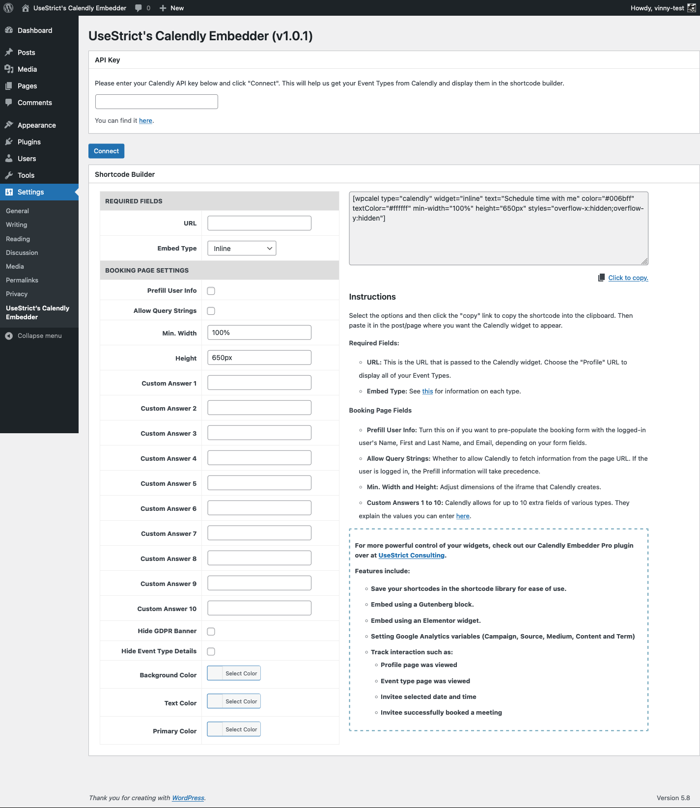The settings screen, before connecting to the Calendly API.