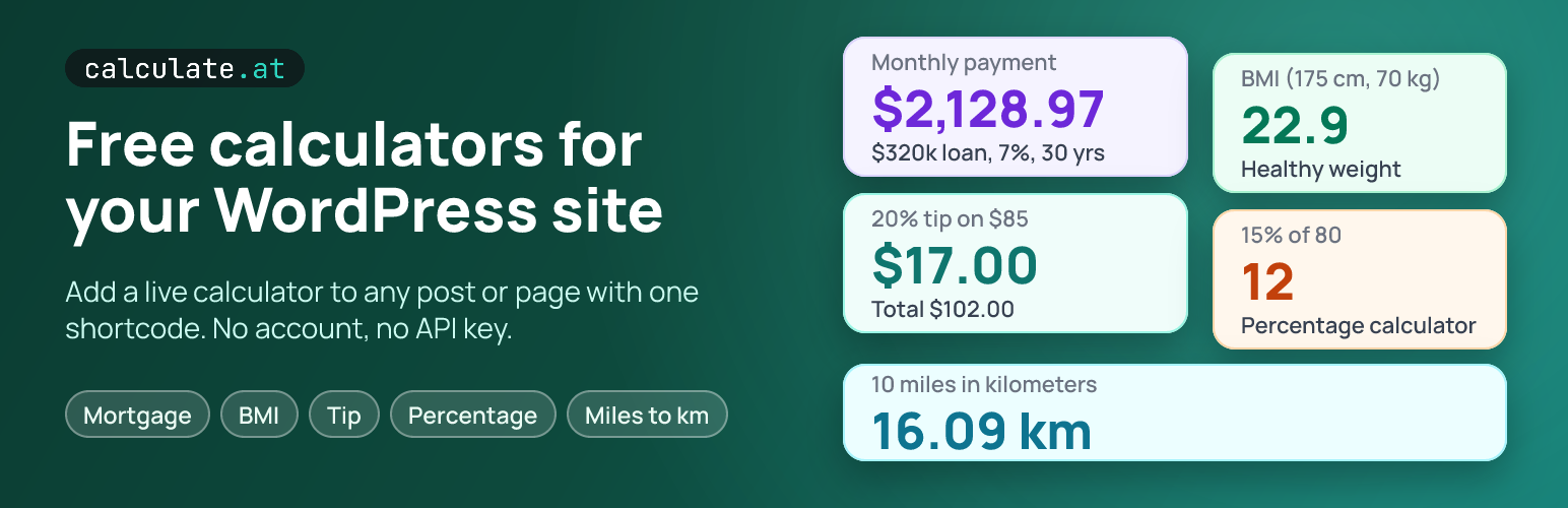 WordPress 外掛 calculate.at Calculators – Mortgage, BMI, Tip, Percentage & Unit Converter 的封面圖片