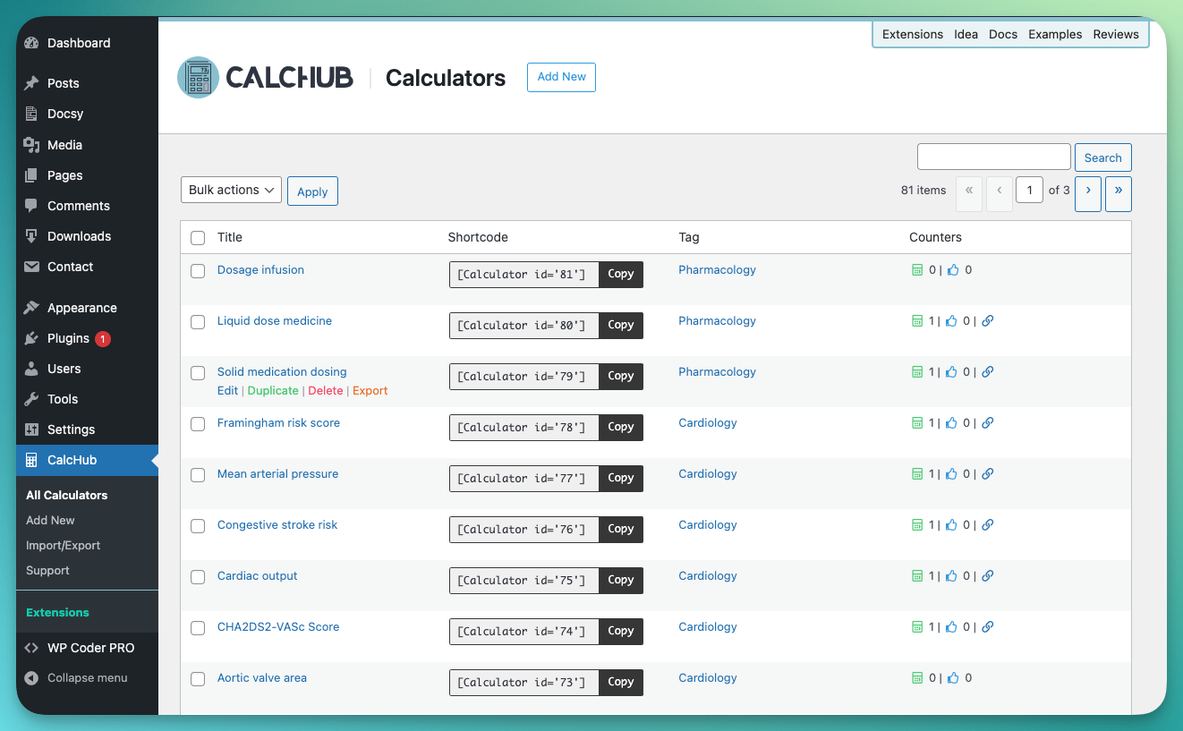 Admin - calculators list