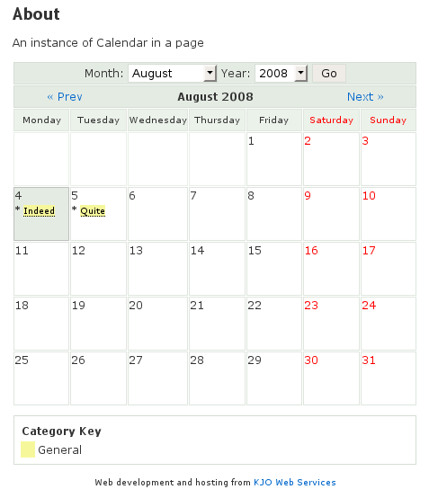 Calendario being used on a blog page