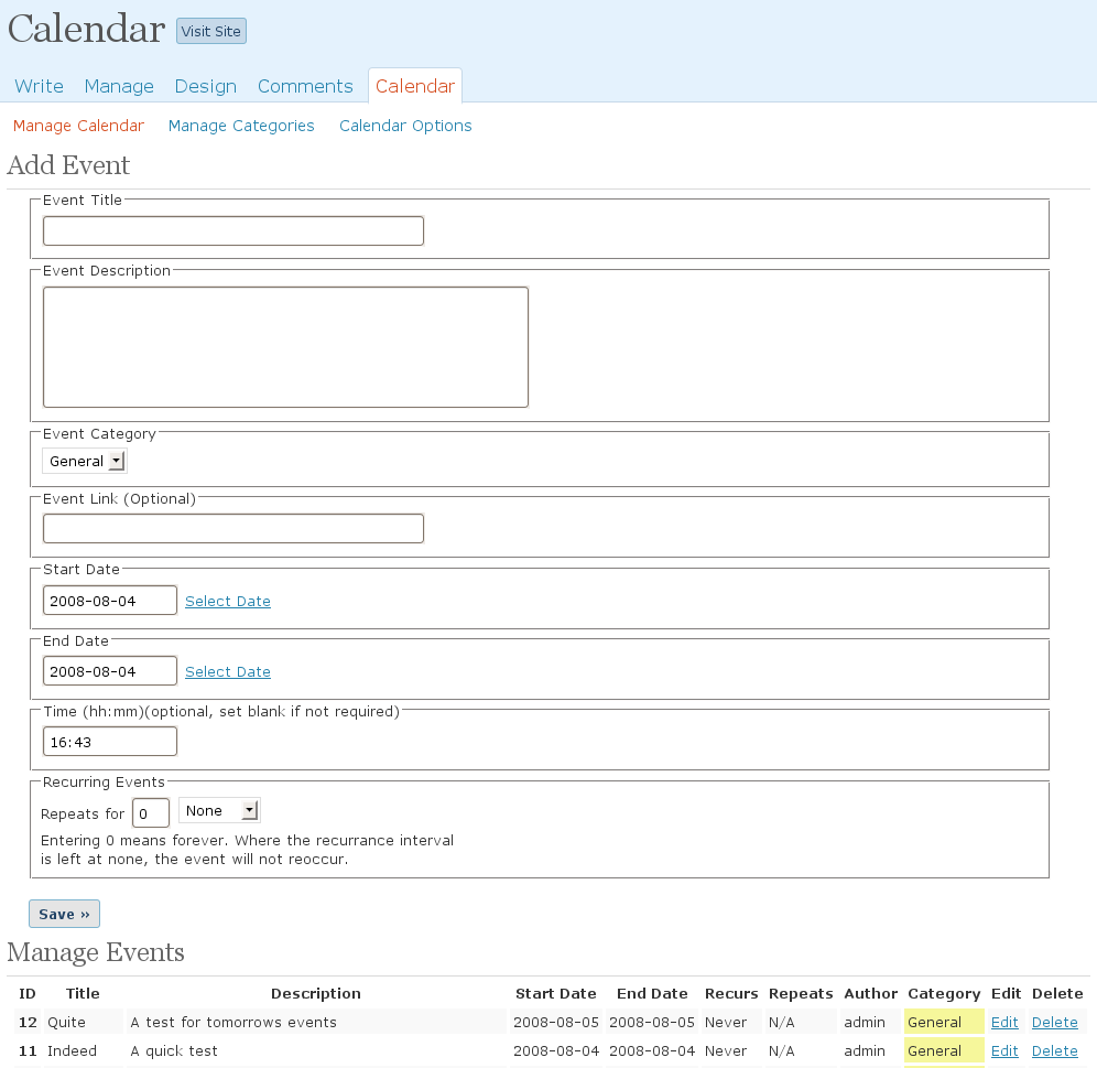 The event management screen of calendar