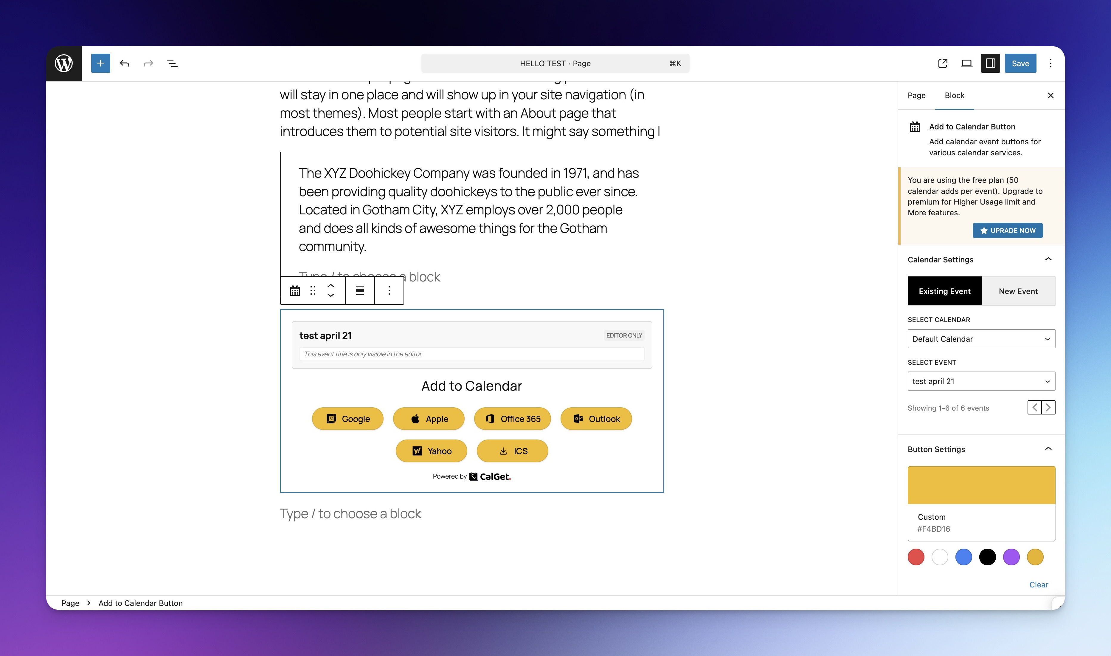 Add to Calendar Button block in the editor - Customize colors, roundness, and which calendar services to display