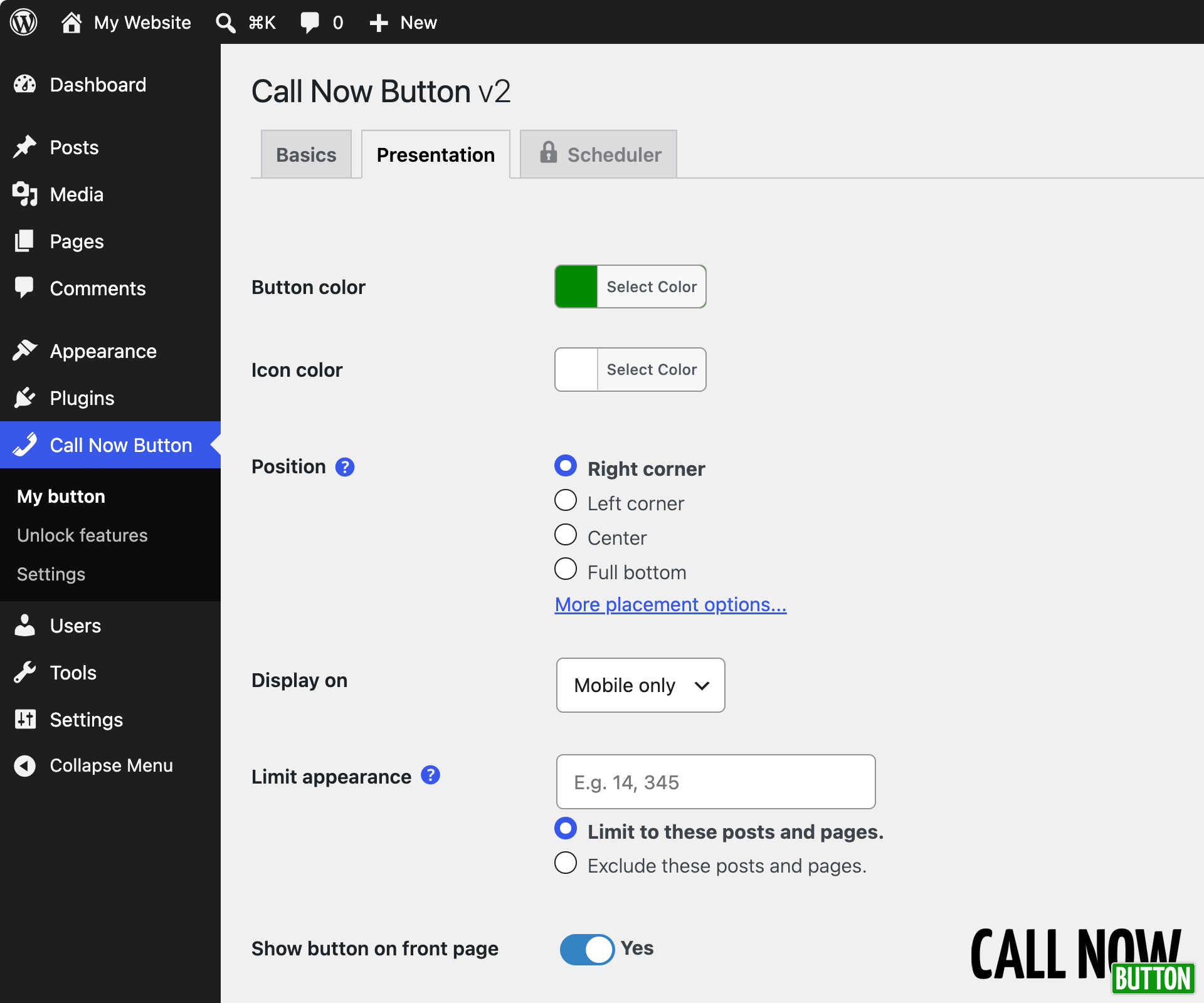 Optional adjustments of the button presentation