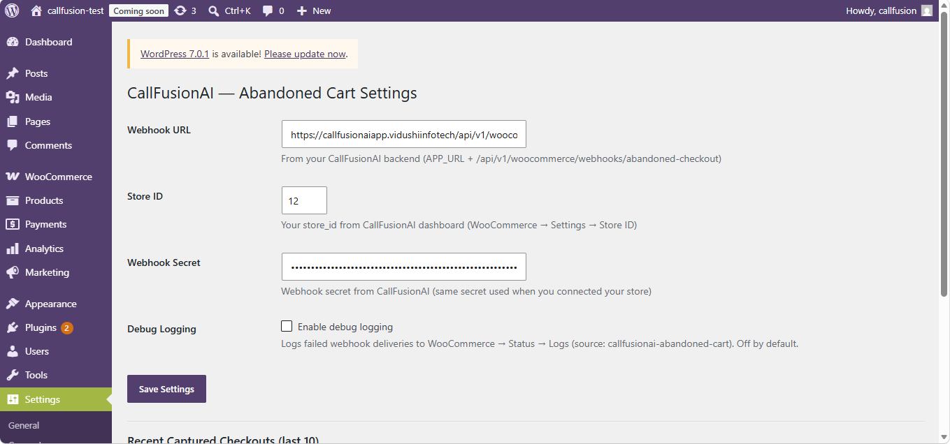 Plugin settings page — configure your Webhook URL, Store ID, and Secret (auto-filled automatically when you connect via the CallFusionAI dashboard, no manual entry needed)