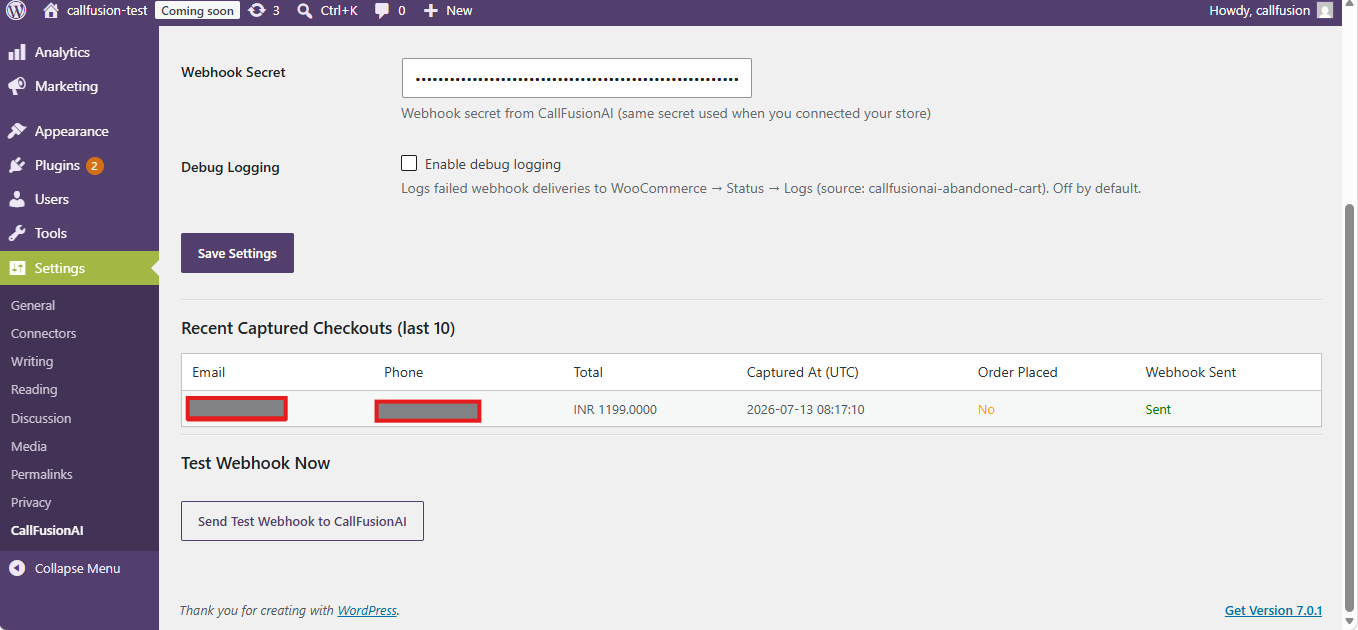 Recent captured checkouts with delivery status, plus a one-click Test Webhook button to verify connectivity
