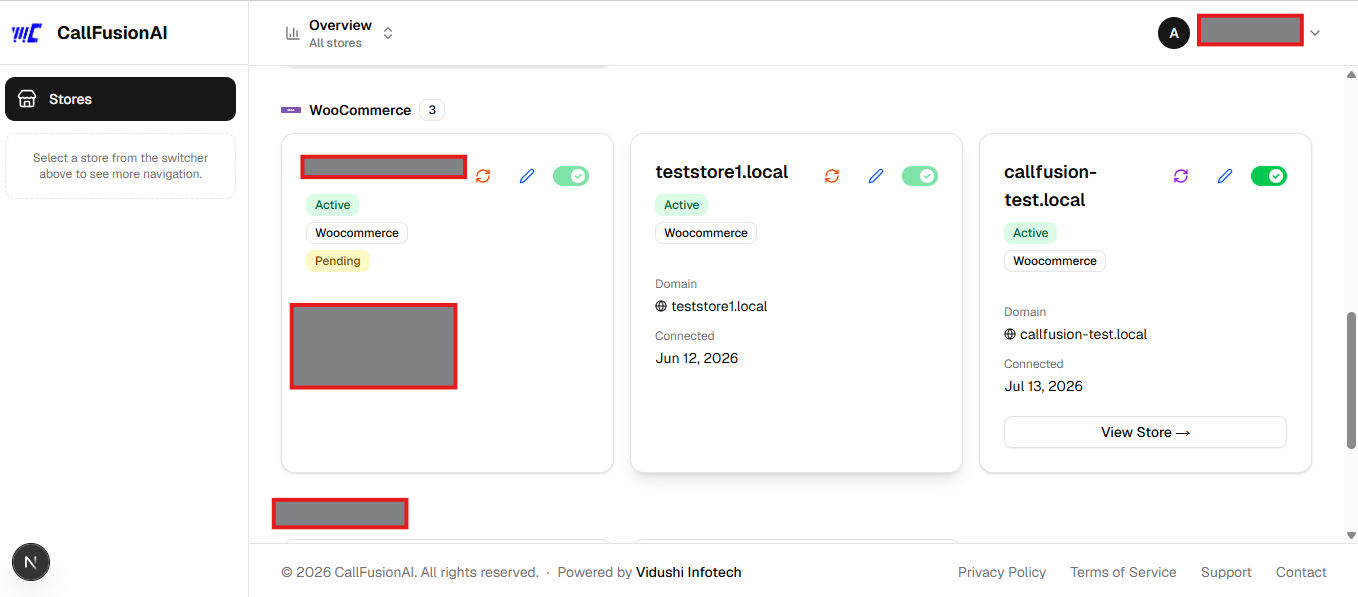 Manage all your connected stores in one place, grouped by platform (Shopify, WooCommerce, Magento)