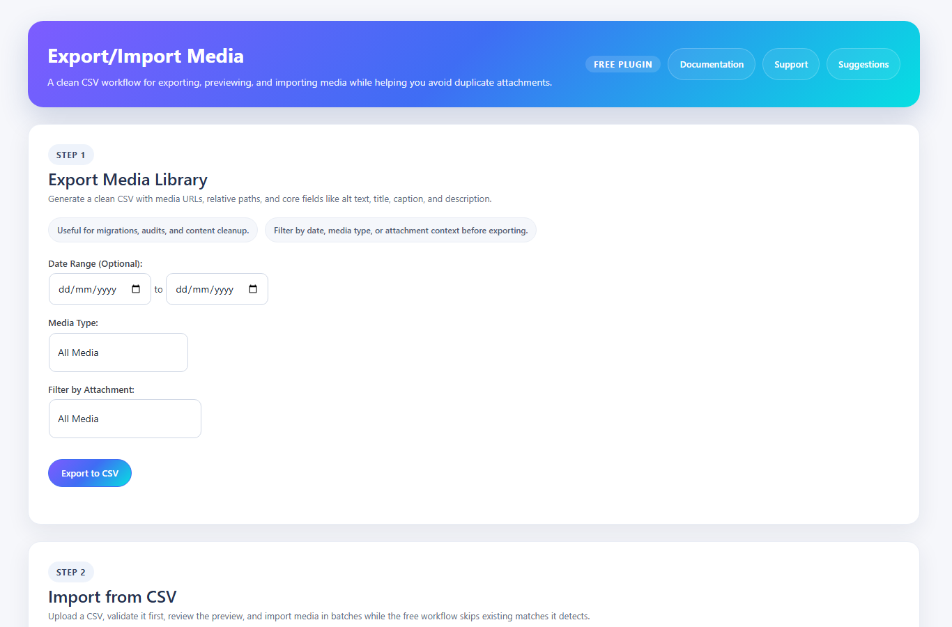 Export media library to CSV with filters for date, media type, and attachment context.