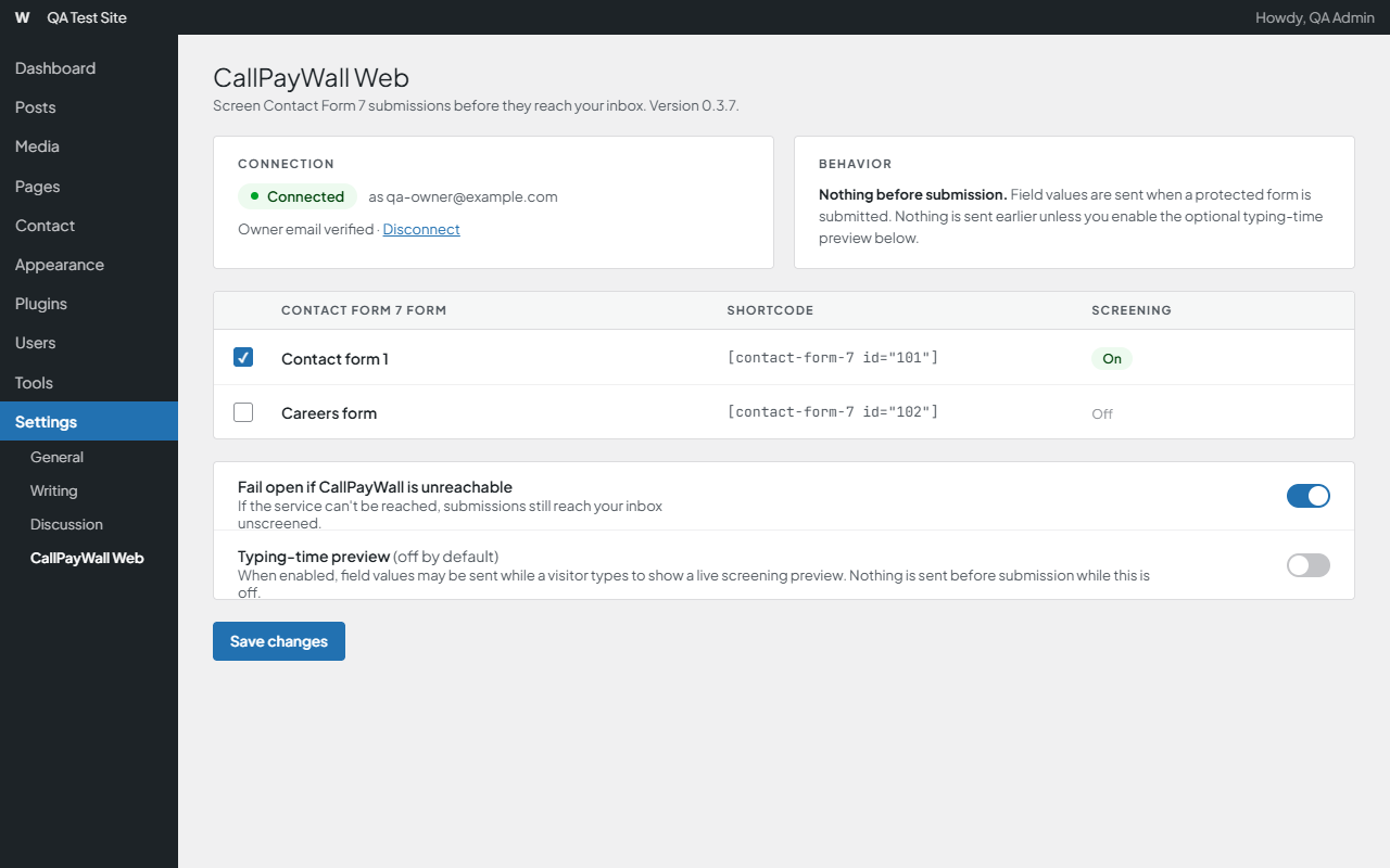 CallPaywall Web settings screen in WordPress.