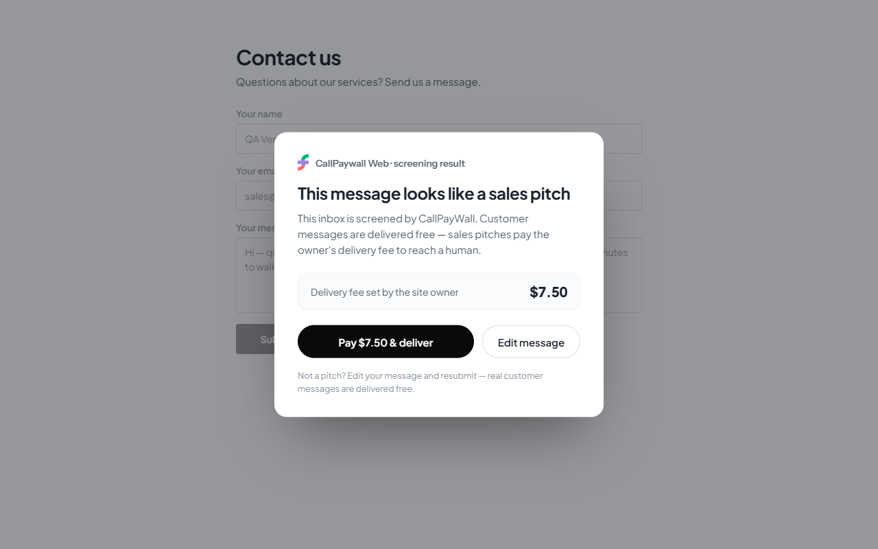 Pay-to-send prompt shown on a Contact Form 7 form after a sales pitch is detected.