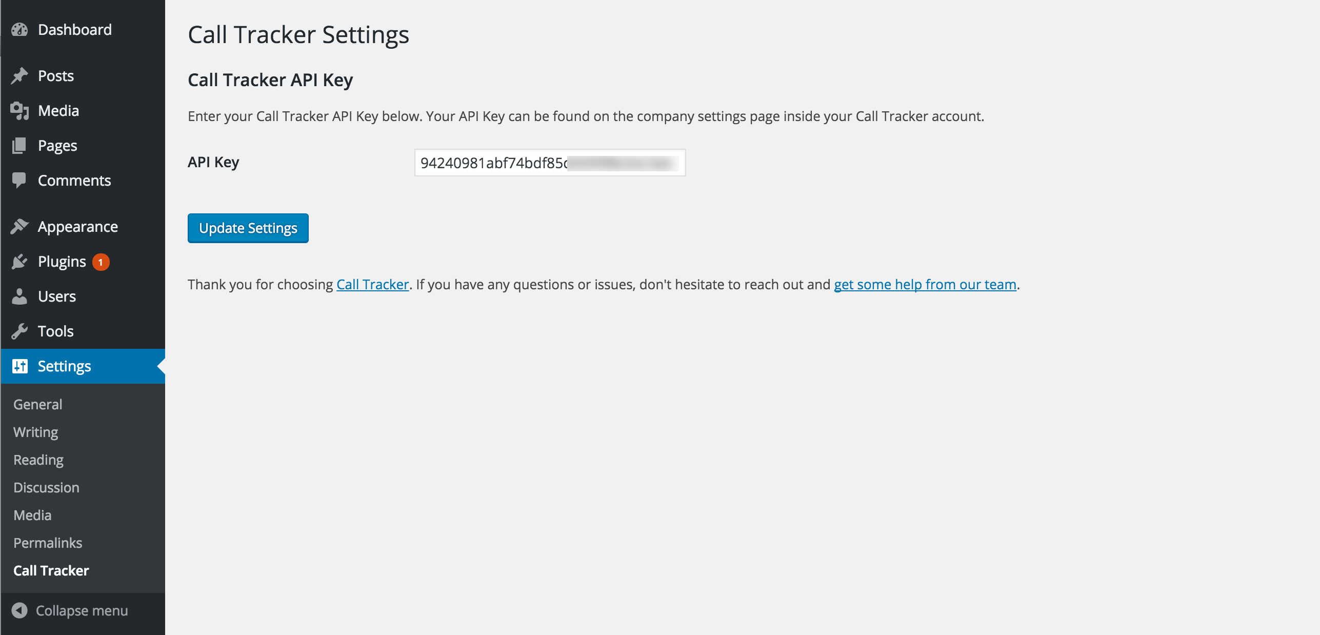 Screenshot of the plugin settings page to for adding your API Key to connect with your Call Tracker company.