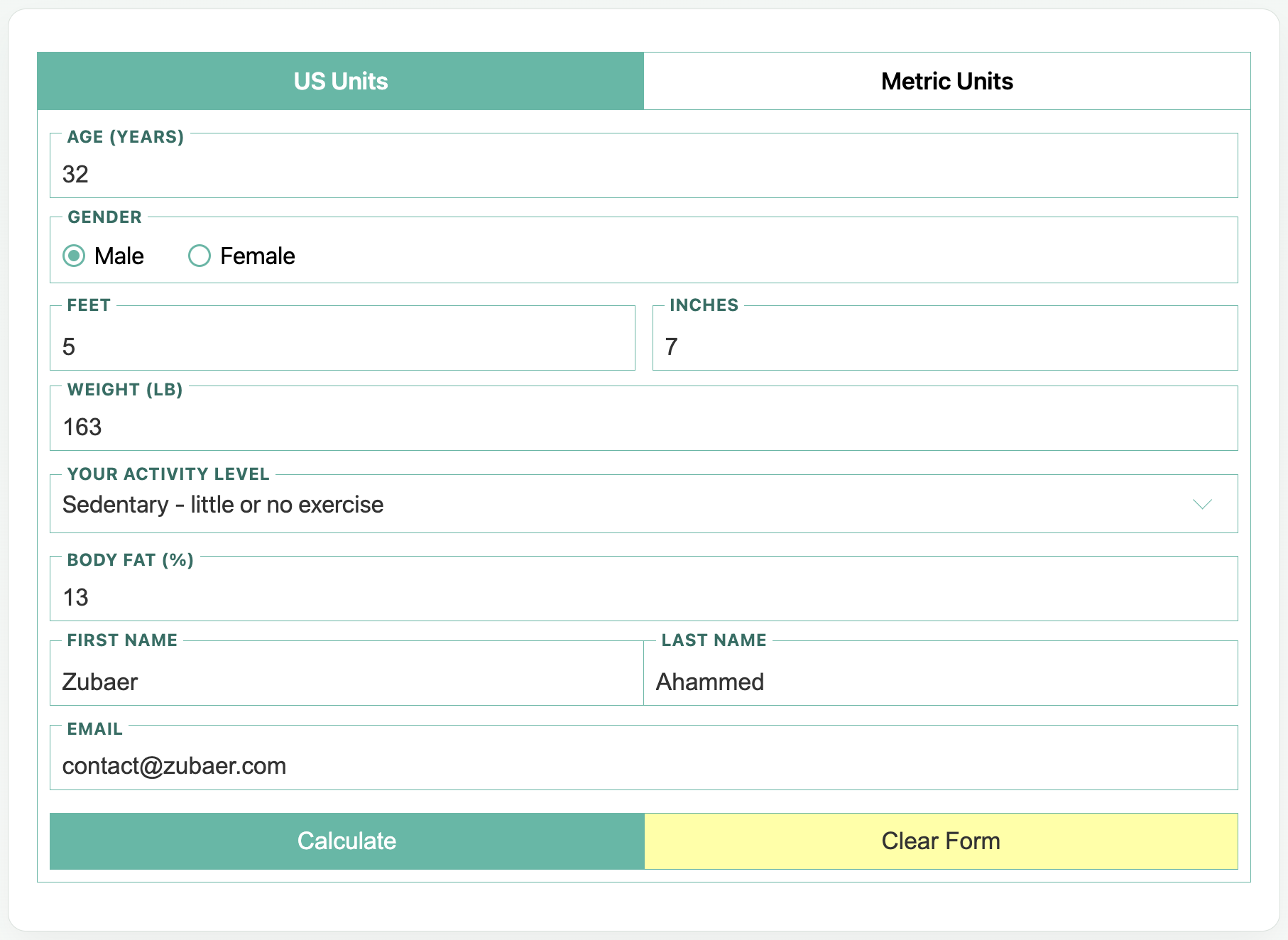One-screen calculator form (US units) with floating labels