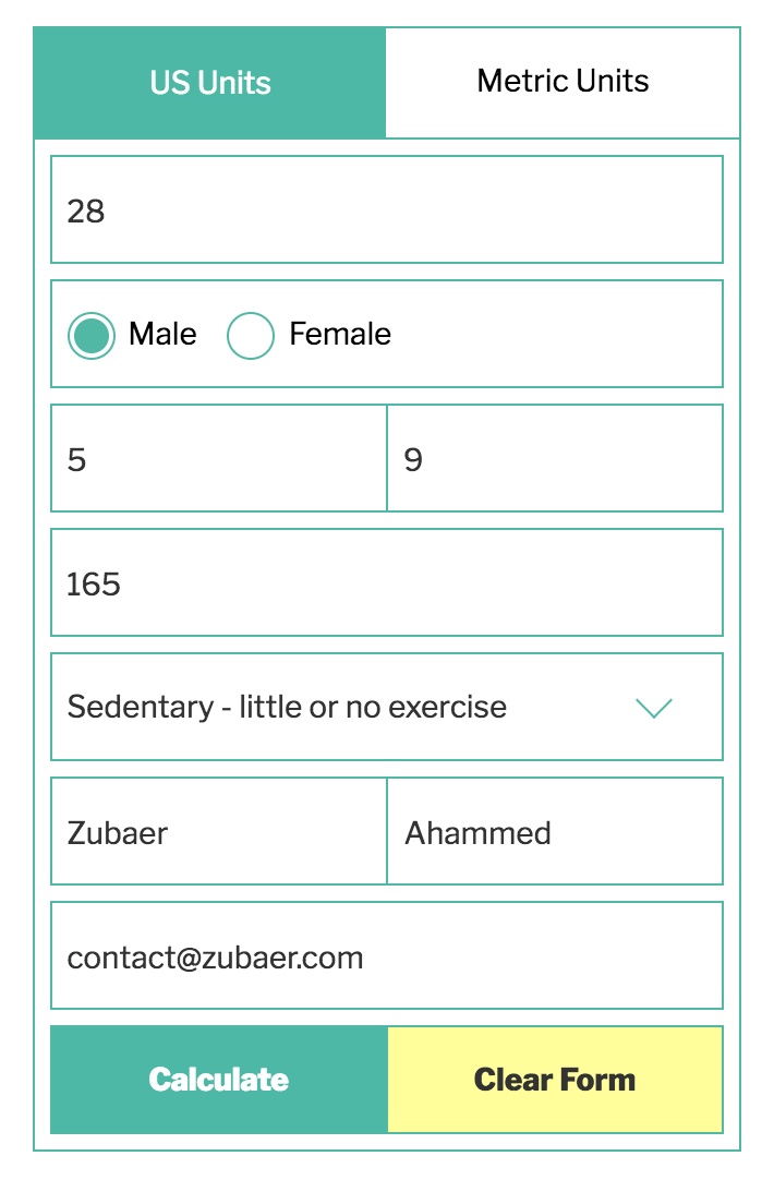 Calorie Calculator US Units Filled Up