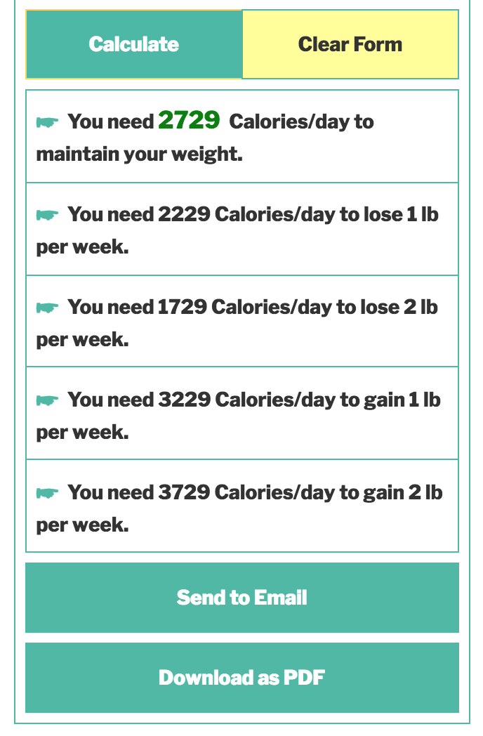 Calorie Calculator Result