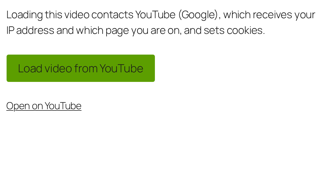 A gated YouTube embed as a visitor sees it: a server-rendered placeholder with a named panel, a real "Load" button and a working fallback link. Nothing is requested from the provider until the visitor clicks.