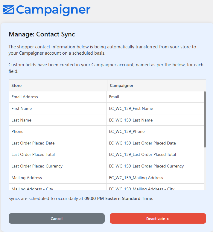 Campaigner contact attribute mappings