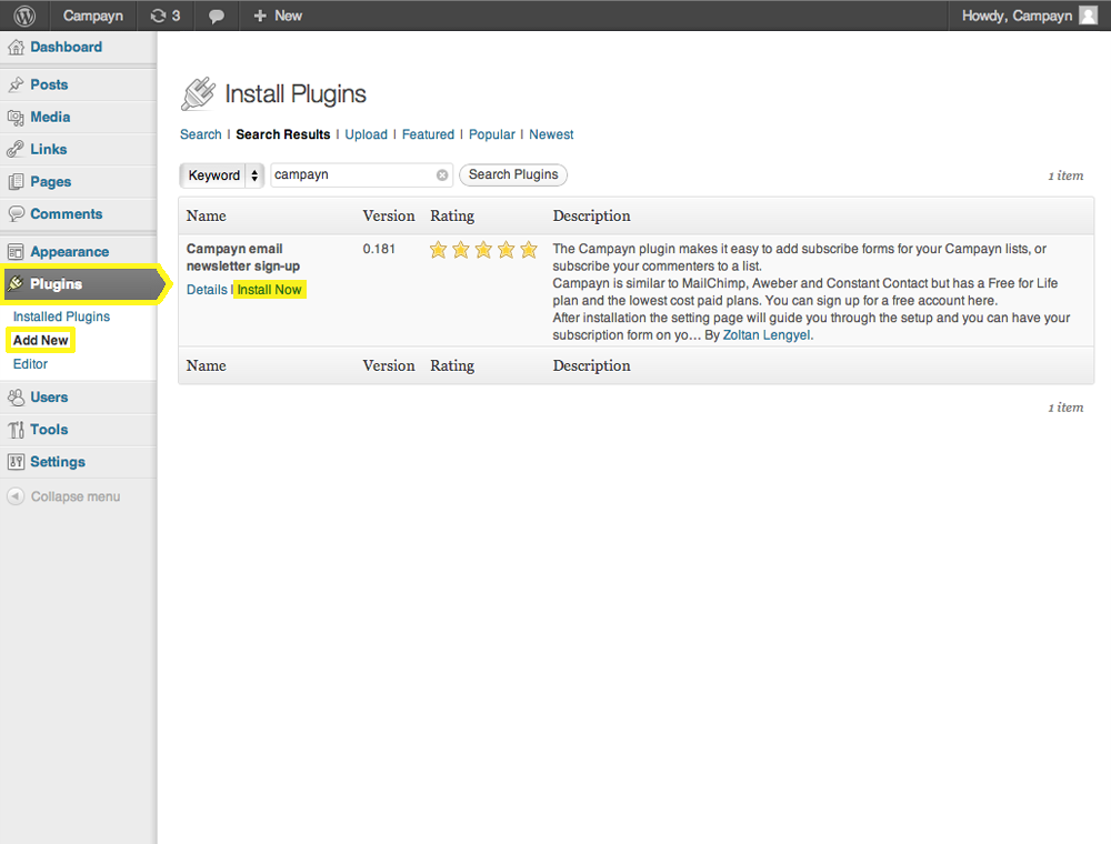 After uploading the directory to your wordpress, you should click "Install Now" on the Plugins page