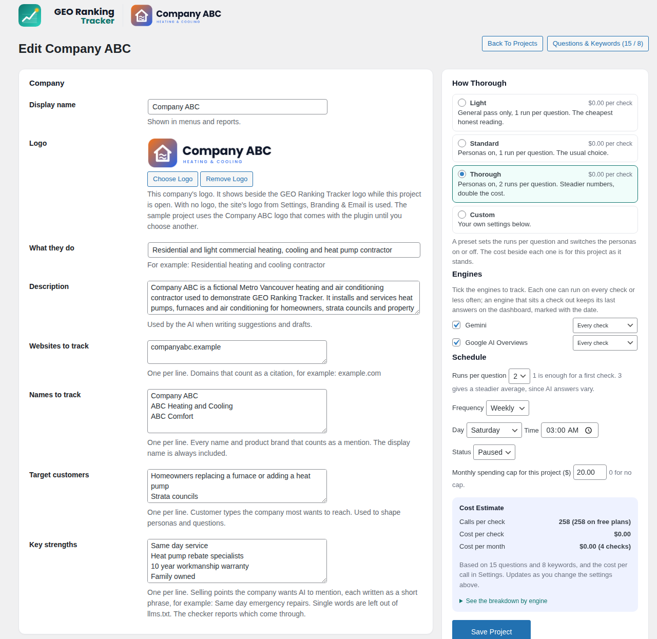 Project editor with the live cost estimate