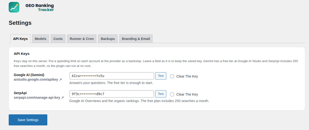 Settings, API Keys