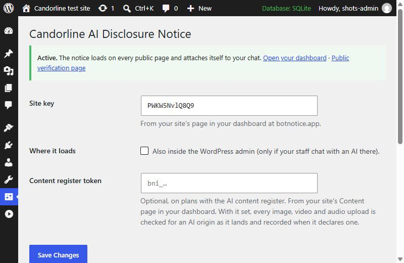 The settings page: site key confirmed and the notice active.