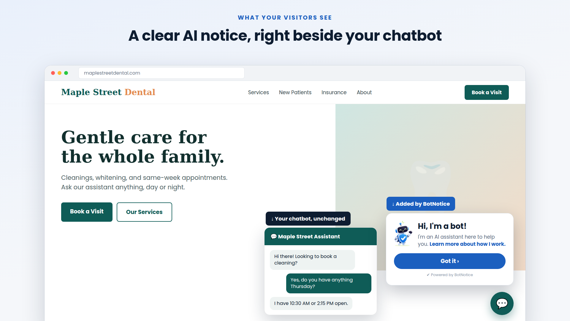 The notice beside a chat widget, in the site's own colours (example site).