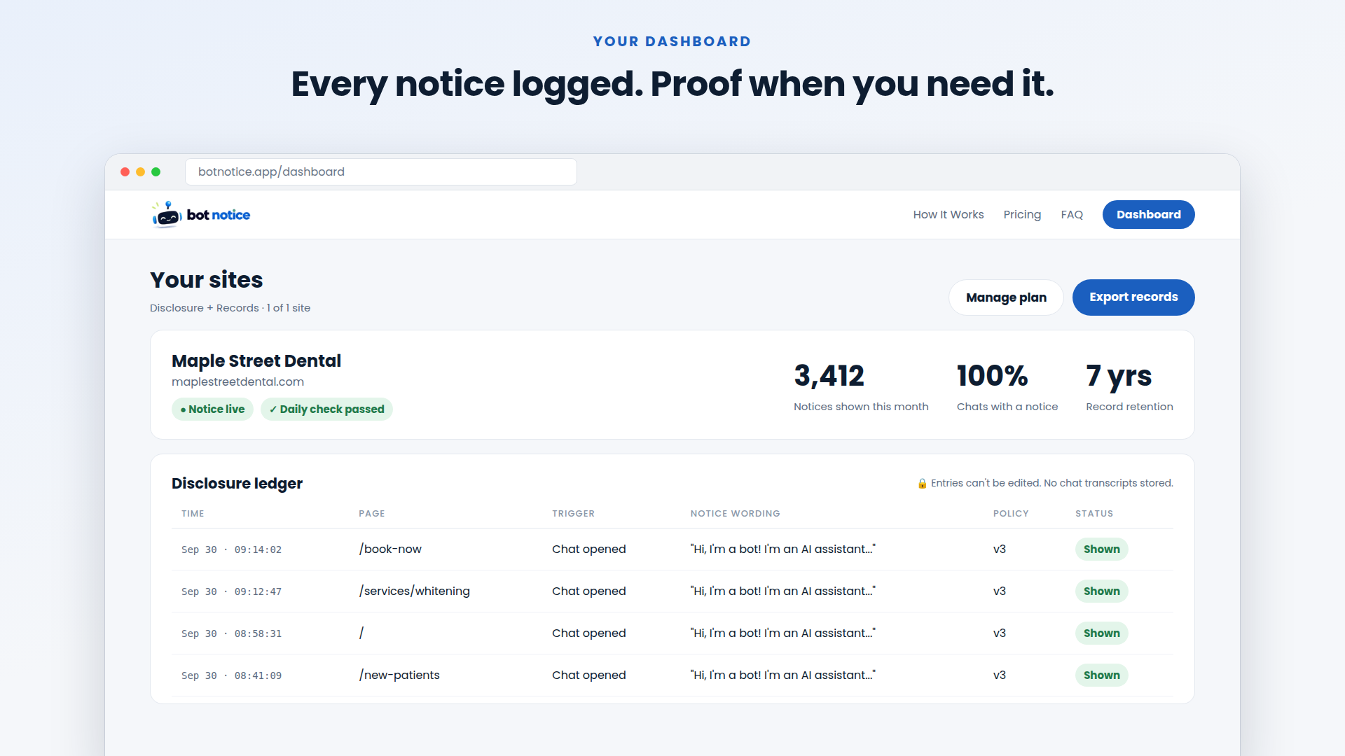 The disclosure record in the dashboard (example data).