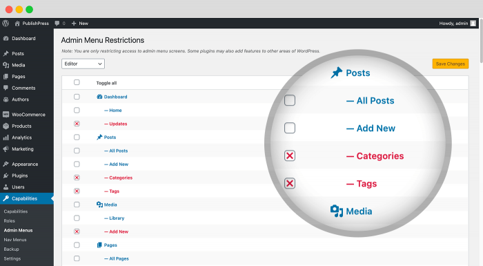 Admin Menu Restrictions: With PublishPress Capabilities you can restrict access to admin menu screens by user roles.