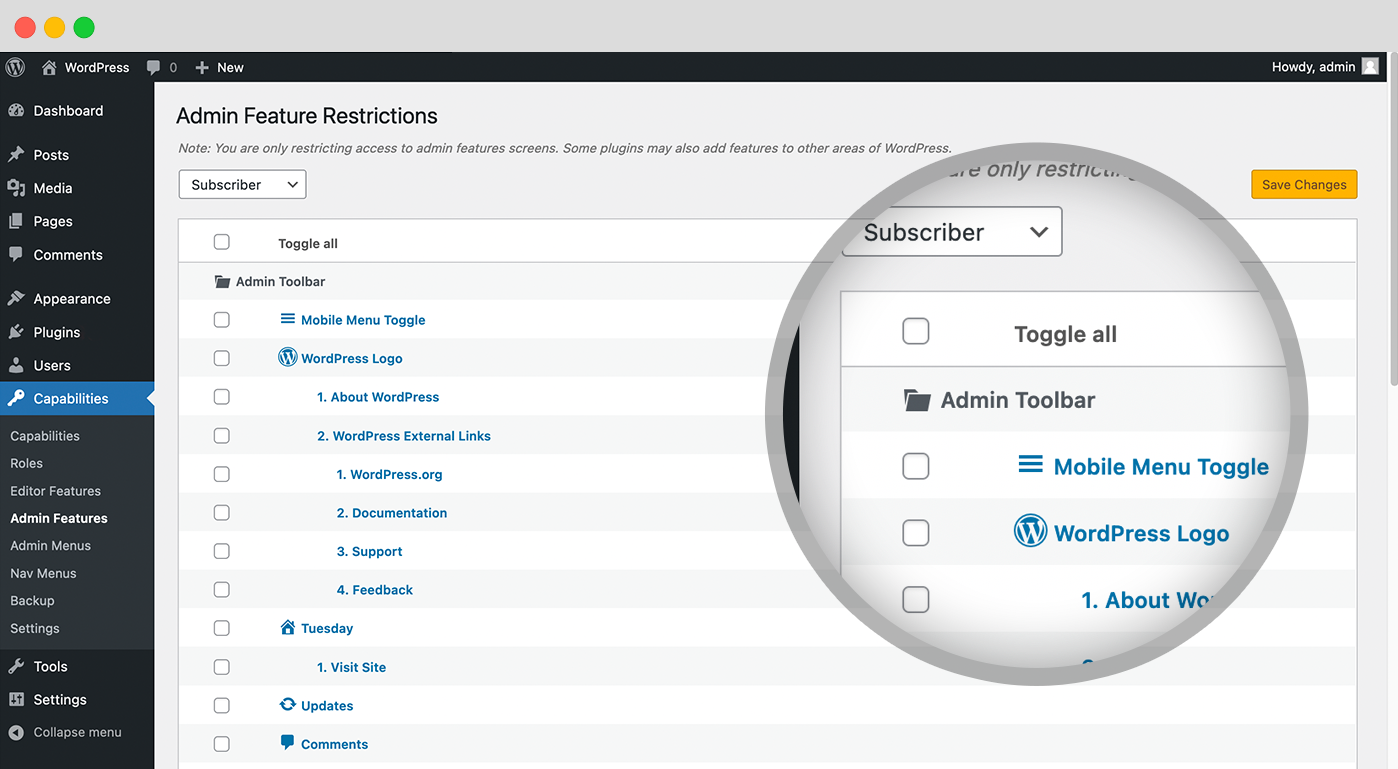 Admin Feature Restriction: PublishPress Capabilities enables you remove items from the WordPress toolbar, plus dashboard widgets.