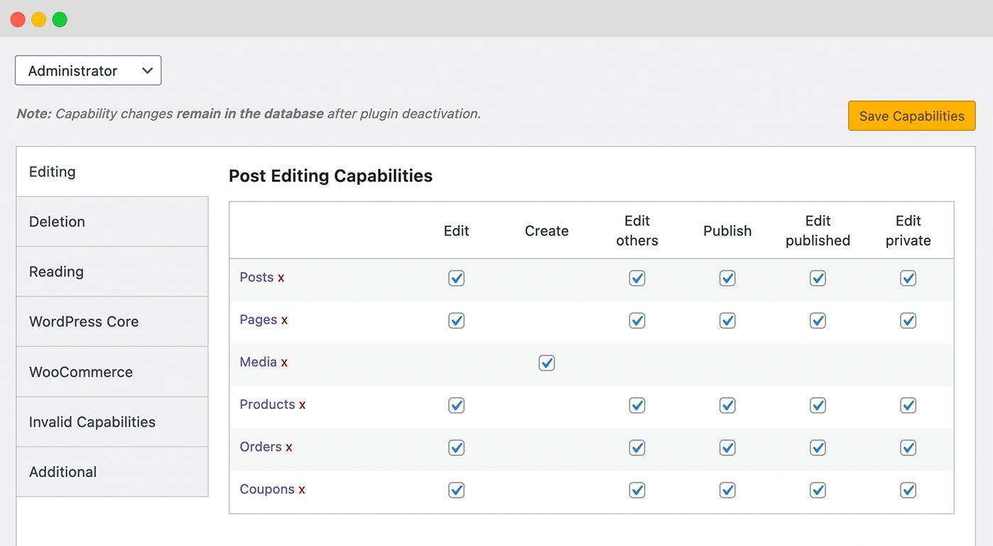 Content permissions: With Capabilities, you can choose who can Publish, Read, Edit and Delete content.