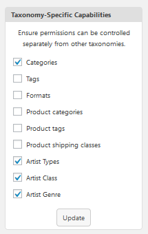 Enforce Taxonomy-Specific Capabilities: You can give “Manage”, “Edit” and “Assign” permissions for all your taxonomies.