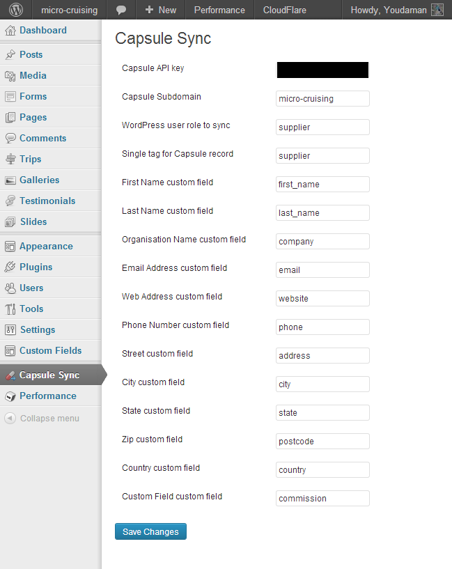 Settings page