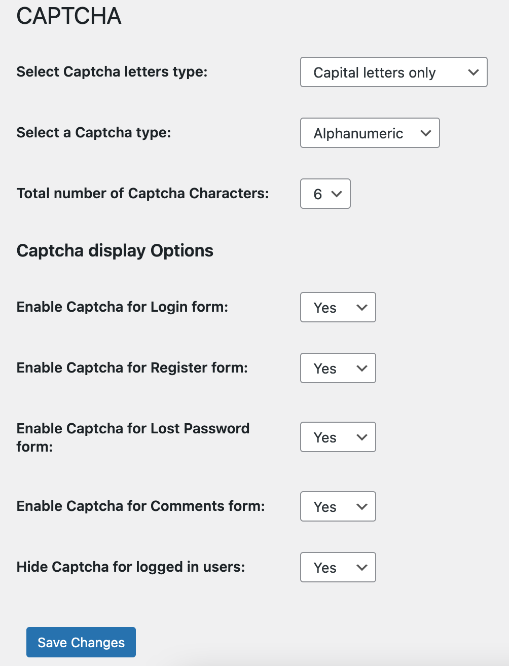 Captcha settings