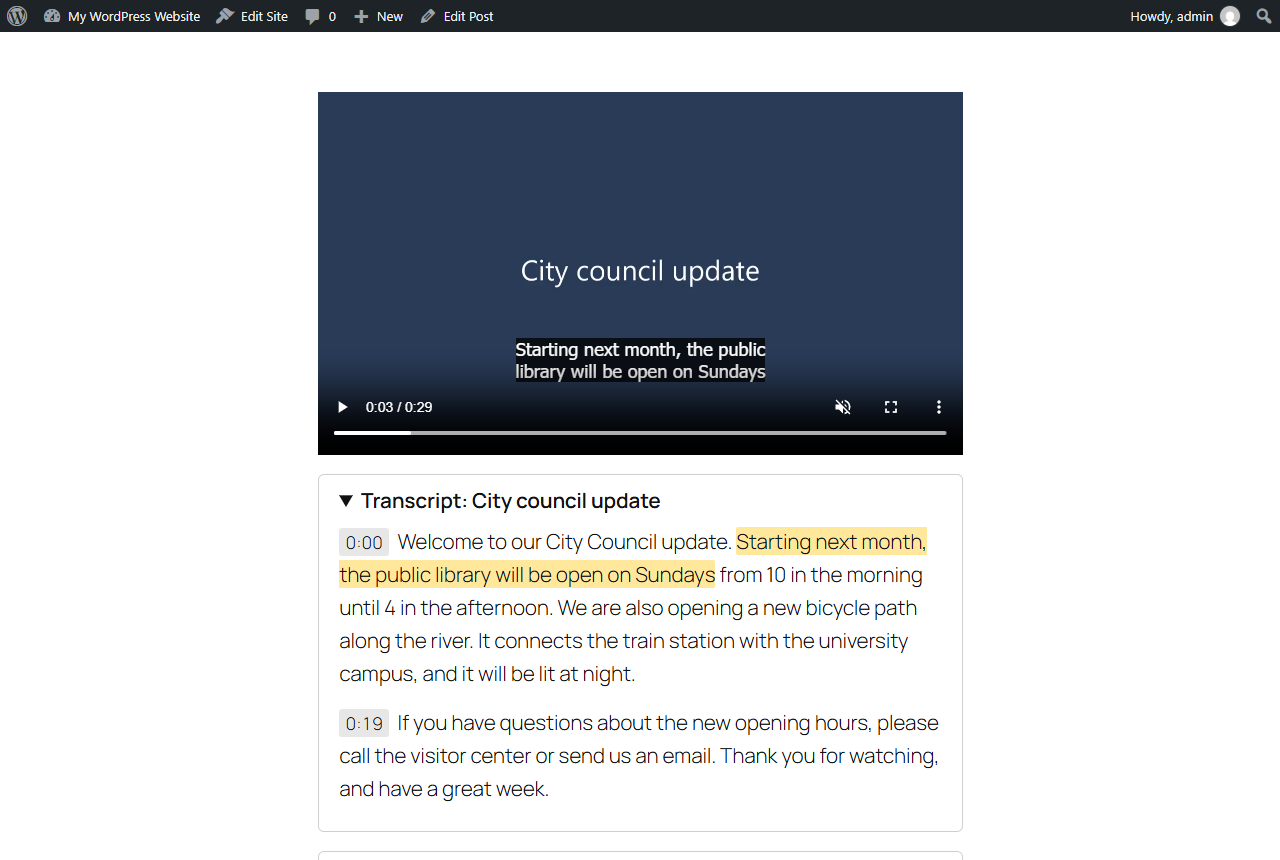 The captions in the core Video block, with the interactive Transcript block below it.