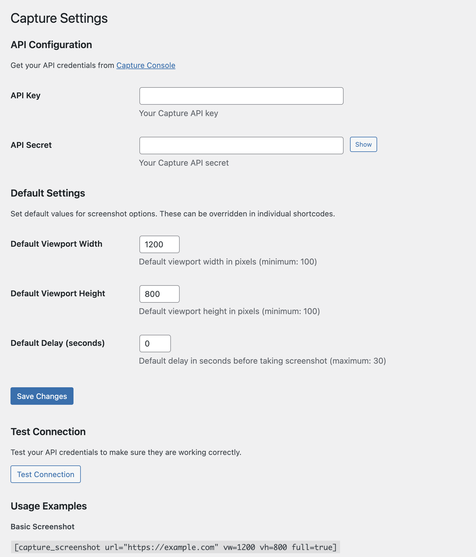 Admin settings page with API configuration